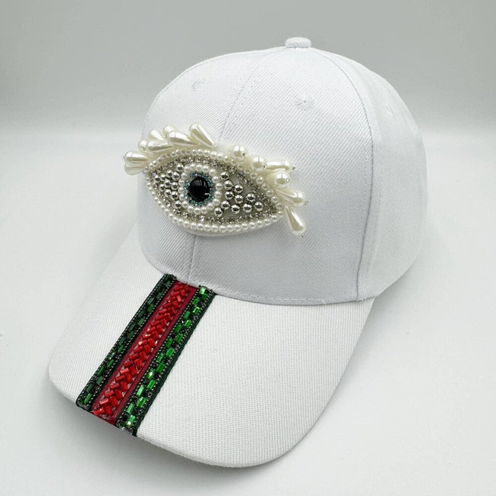 Evil Eye Pearl Rhinestone Striped Baseball Cap - Picture 3 of 7